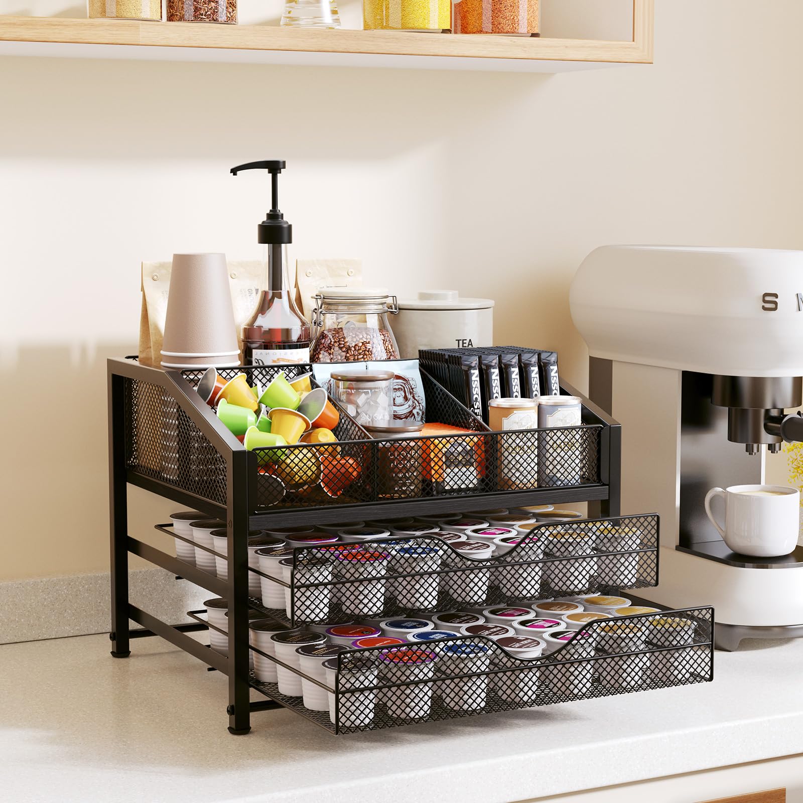 Homsorout Coffee Bar Organizer water-resistant surface simplifies cleanup after spills.
