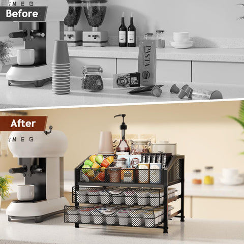 Homsorout Coffee Bar Organizer wood and metal design elevates style.