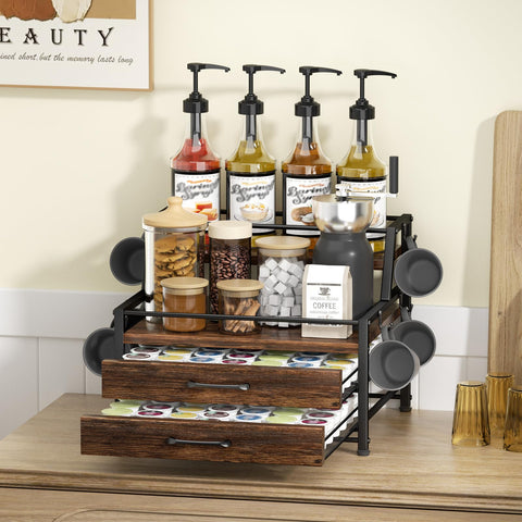 Homsorout top-tier display with syrup bottles and nearby coffee pods