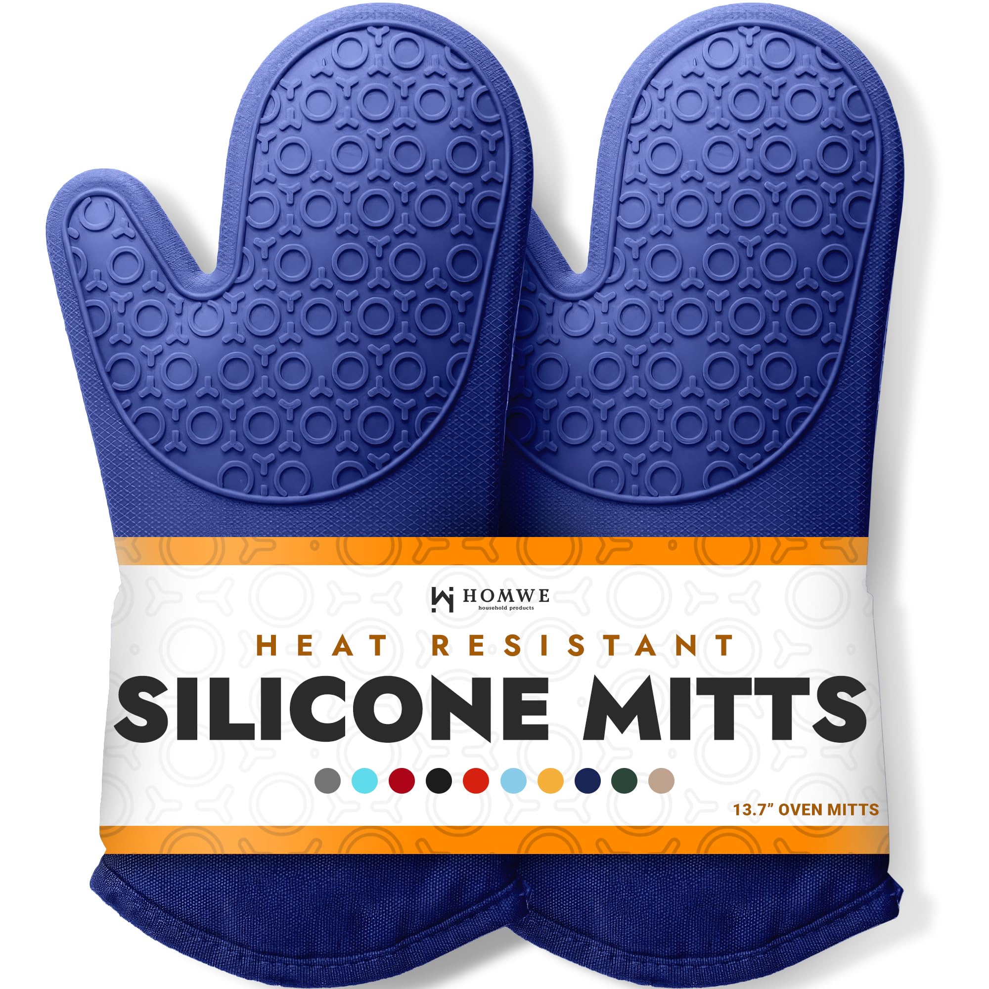 HOMWE BPA-Free silicone oven mitts, 13.7-inch length, for safer hot pot handling.