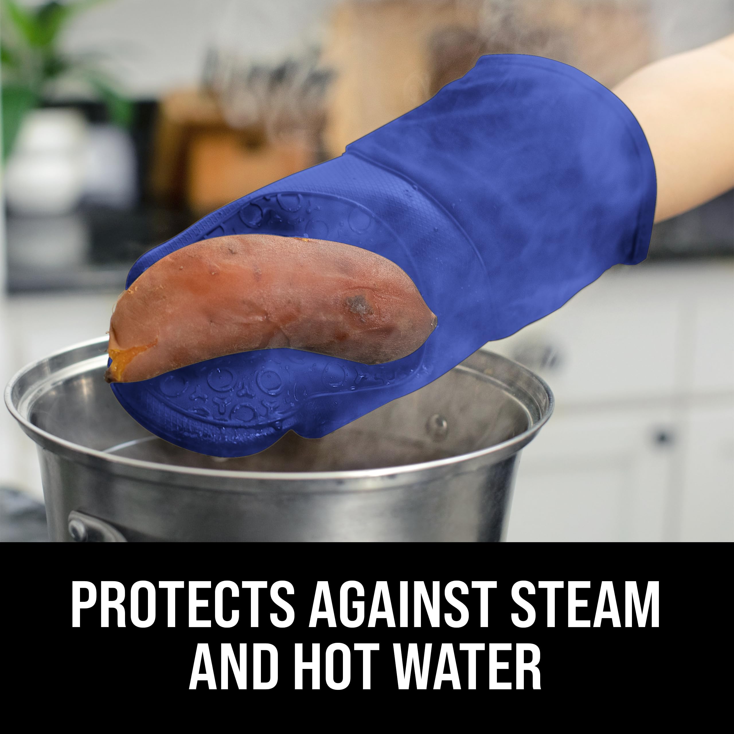 HOMWE mitts resist heat up to 450°F for grilling and oven use.