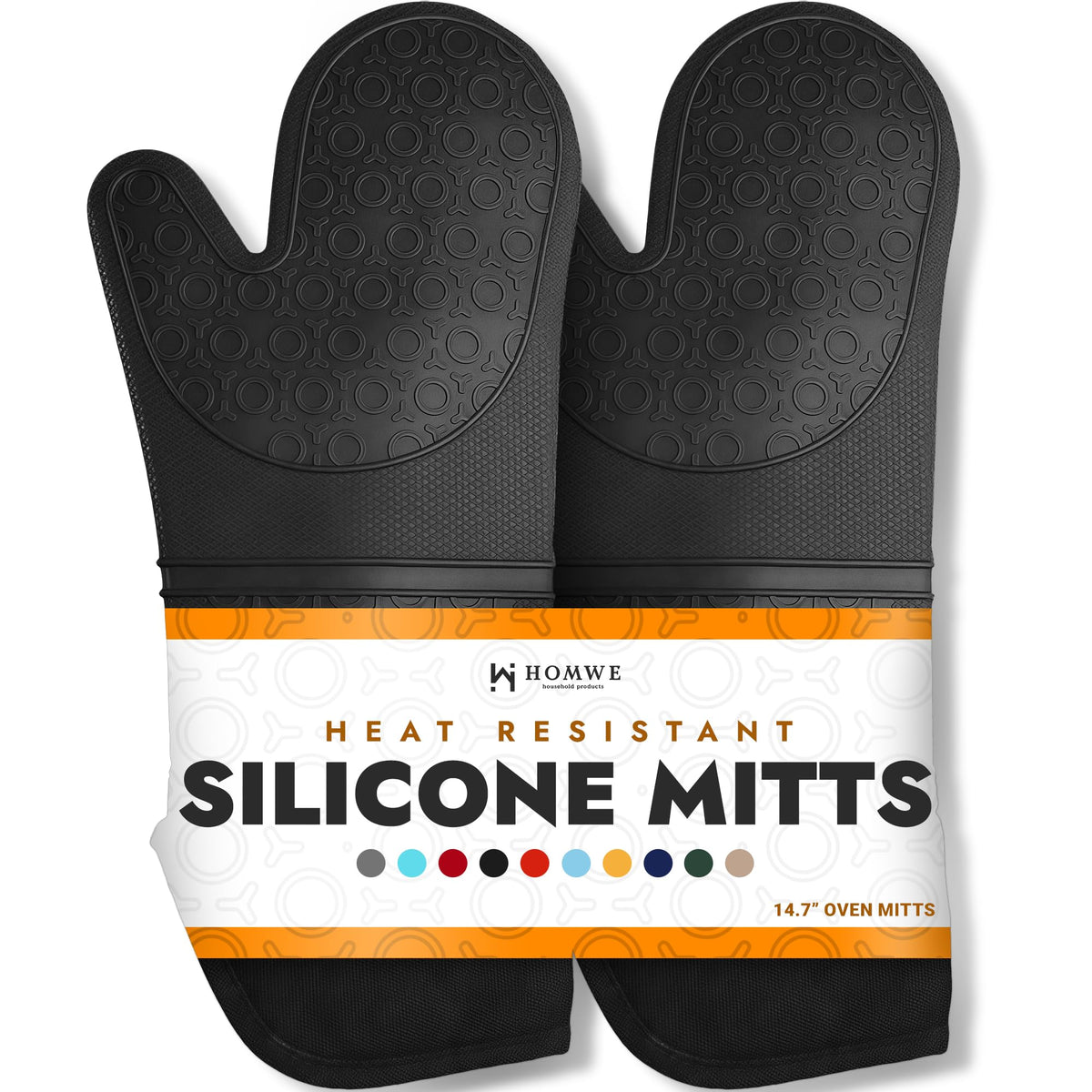 HOMWE silicone oven mitt exterior provides heat protection with a secure grip.