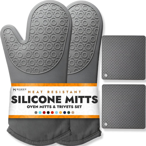 HOMWE silicone oven mitts with a long cuff provide safer cooking protection