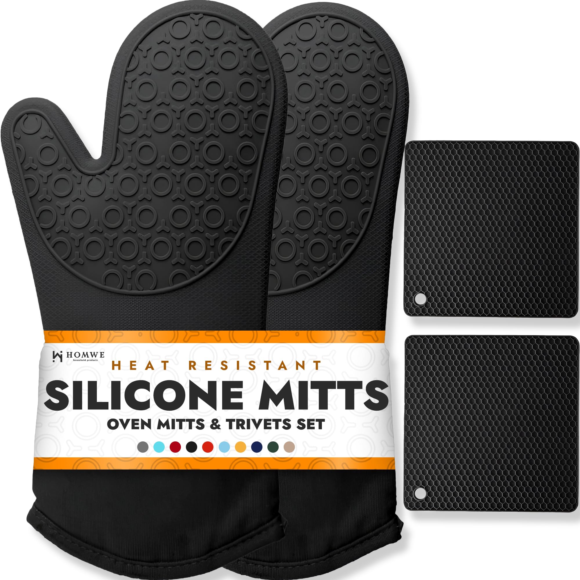 HOMWE silicone oven mitts with non-slip grip for safe handling of hot cookware.