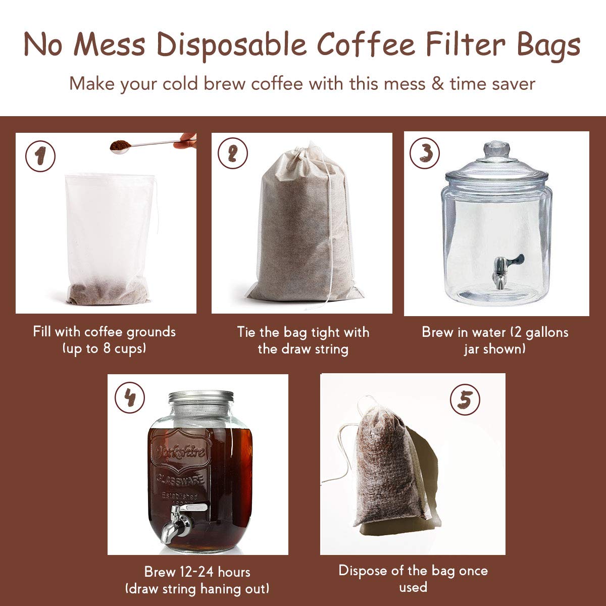 HOMYHEE cold brew filter bag in a jar shows mess-free concentrate preparation