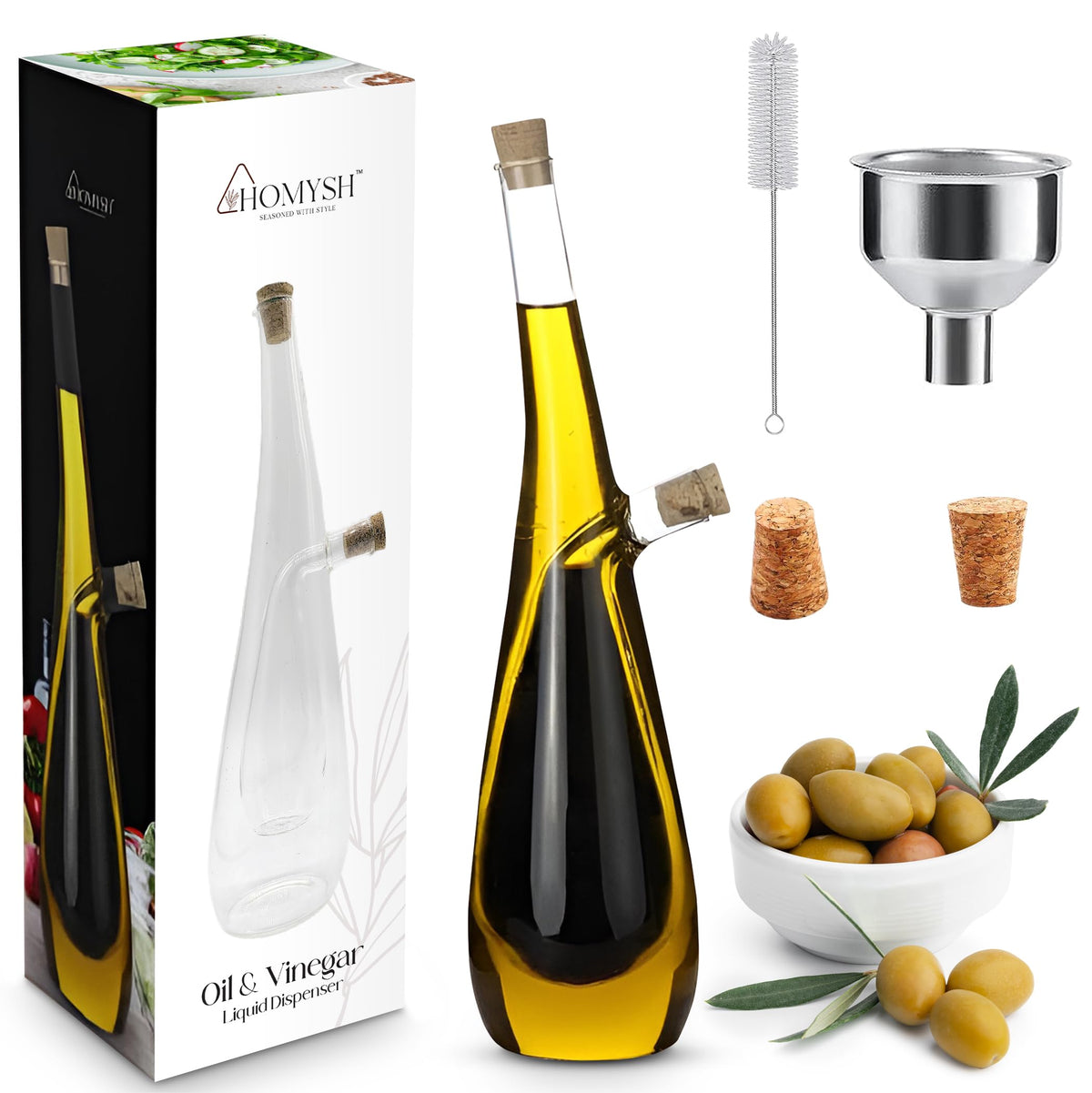Homysh glass oil and vinegar dispenser for precise salad dressing.
