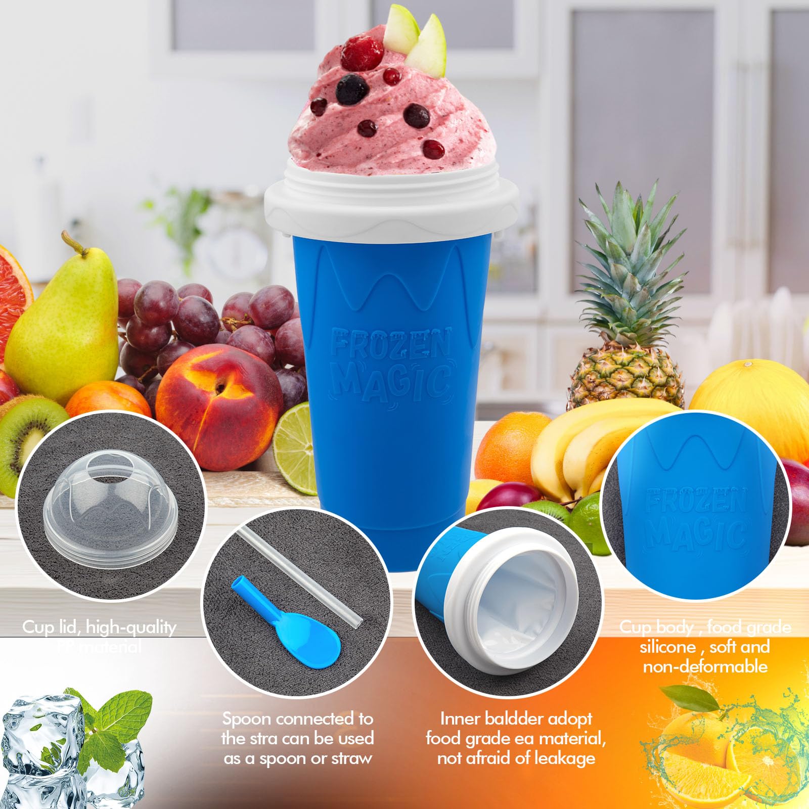 Honbuty slushie maker cup with blue lid ready for instant frozen drinks.