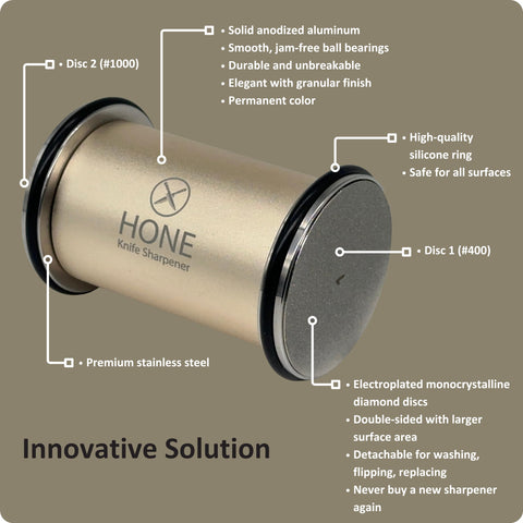 HONE Knife Sharpener with diamond discs delivers durable sharpening surfaces.