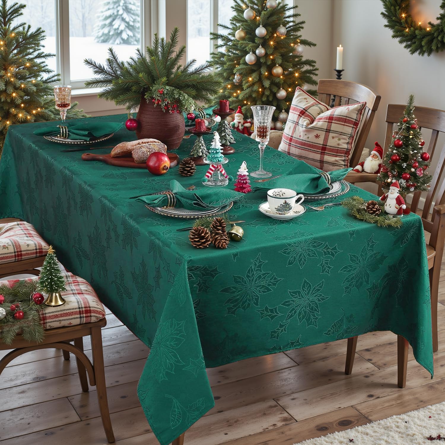 Honellaty poinsettia tablecloth closeup highlighting damask texture for festive dining.
