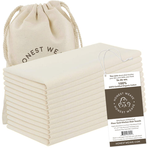 HONEST WEAVE flour sack towel 27x27 on rack, ultra-absorbent.