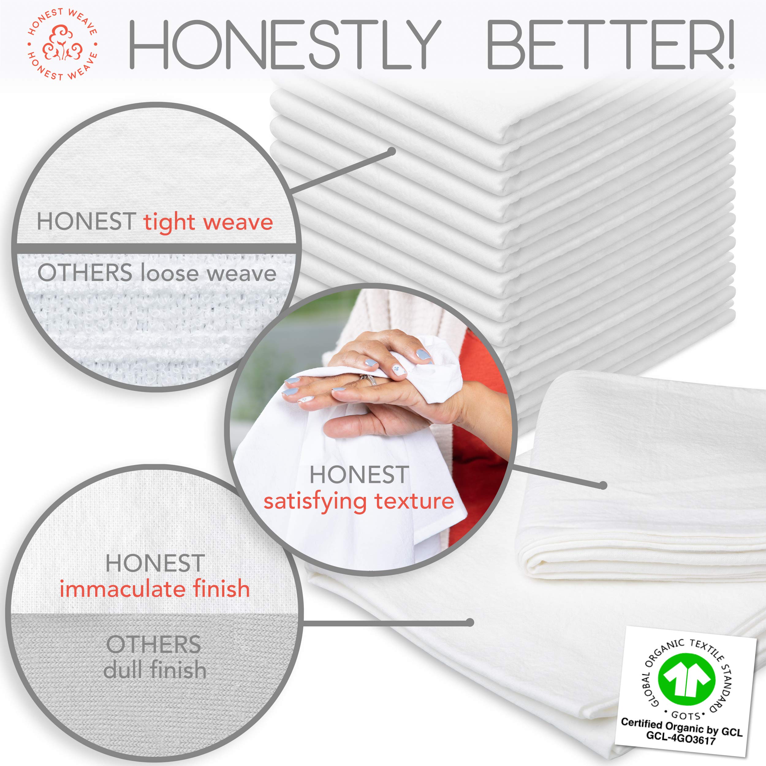 HONEST WEAVE towel fully hemmed with mitered corners and hidden hanging loop.