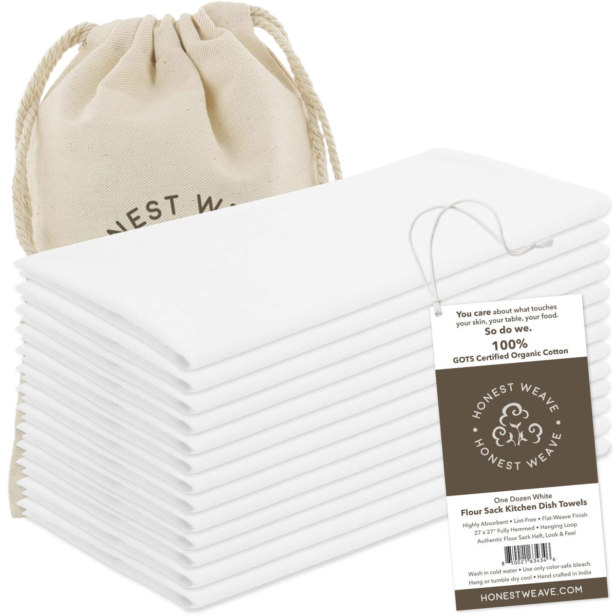 HONEST WEAVE GOTS organic flour sack towel 27x27 in white, highly absorbent for drying dishes.