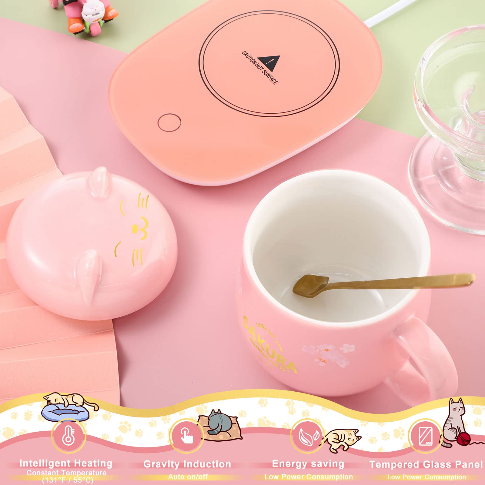 Honeydak heating plate matches the mug and preserves heat during mornings.