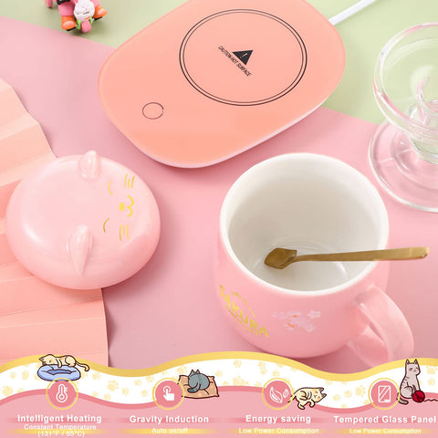 Honeydak heating plate matches the mug and preserves heat during mornings.