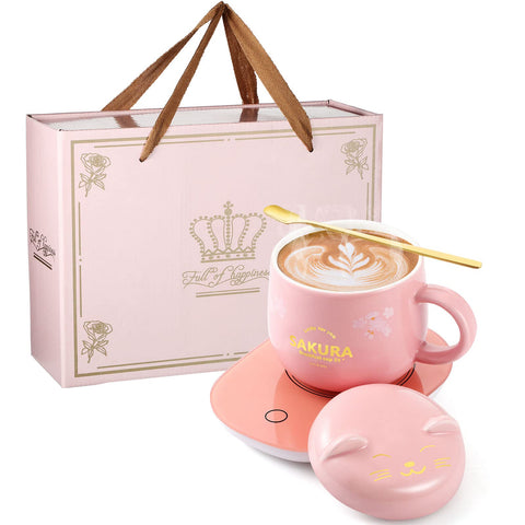 Honeydak cat mug warmer pink mug set keeps coffee warm at the desk.