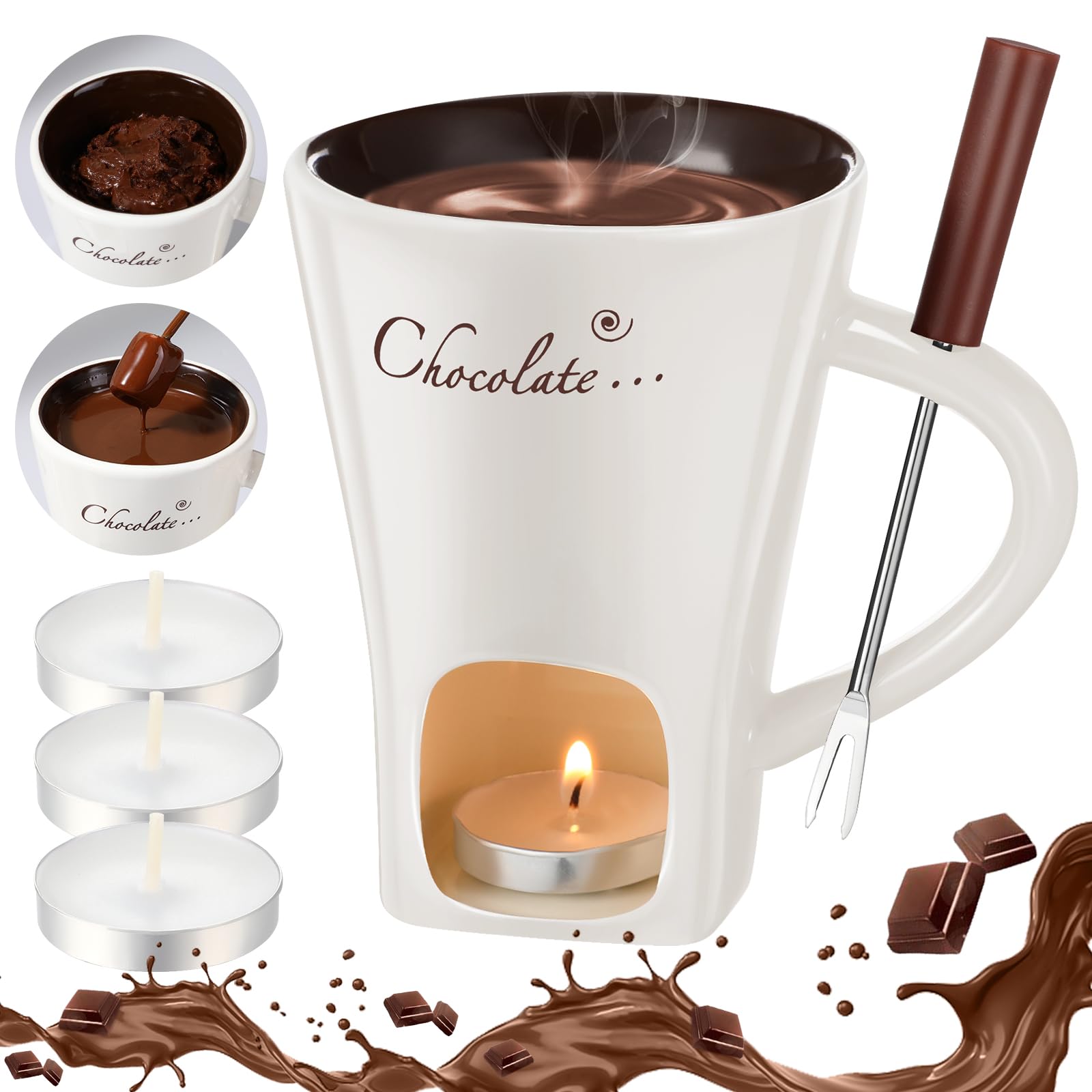 Honeydak chocolate fondue mug with fork for easy dipping and shared desserts.