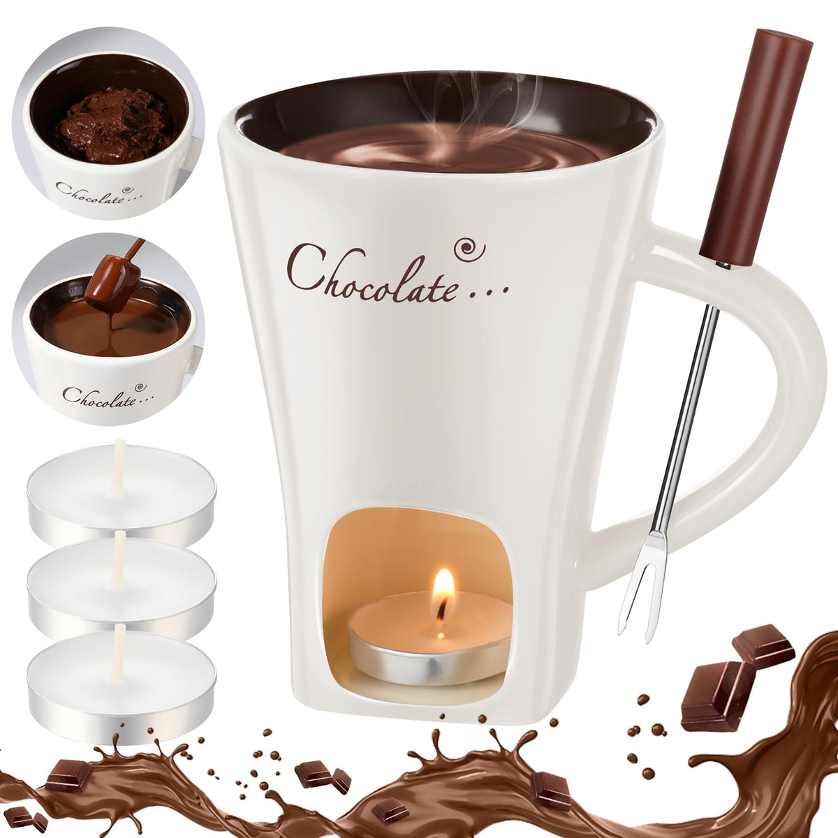 Honeydak chocolate fondue mug with fork for easy dipping and shared desserts.