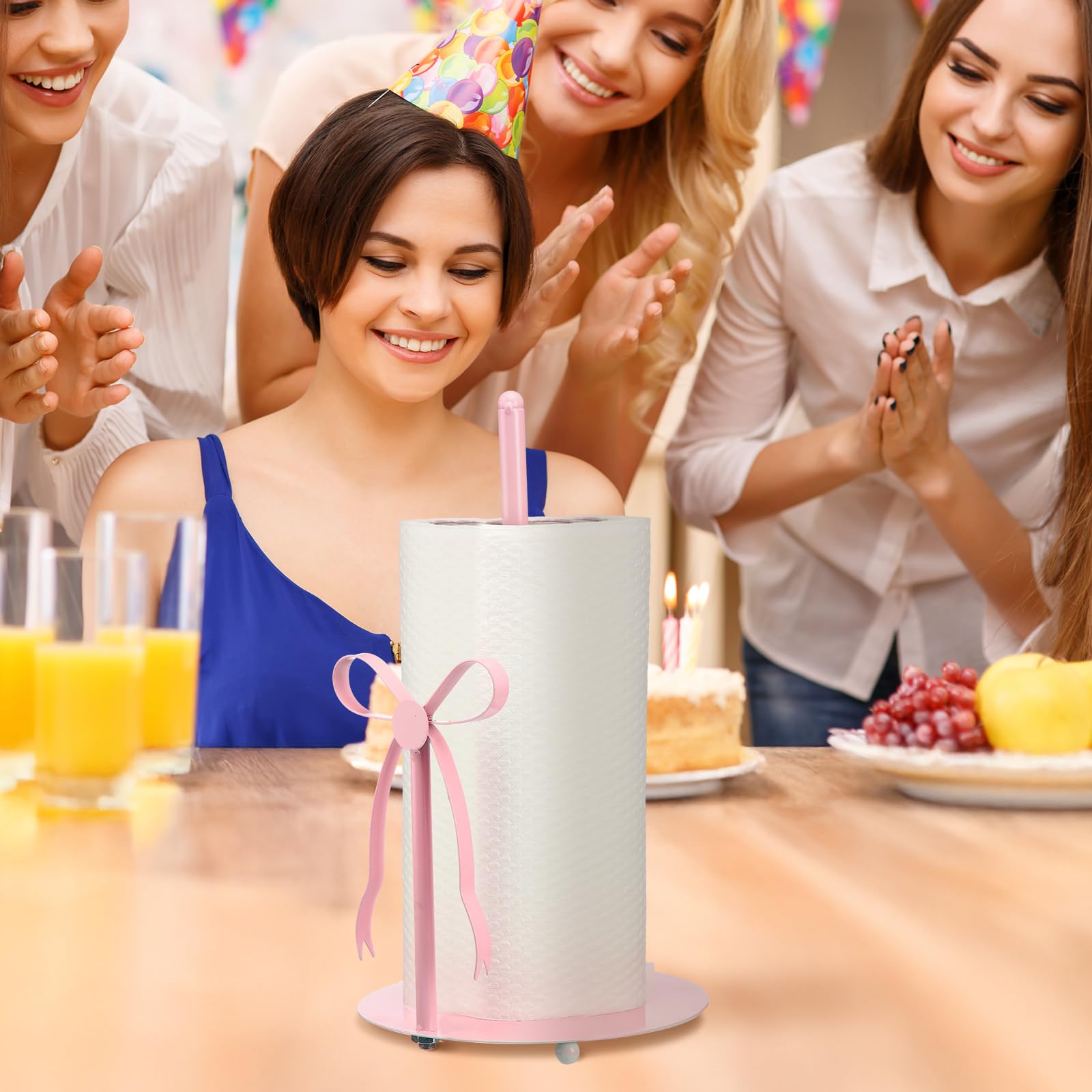 Honeydak pink bow paper towel holder close-up highlighting chic coquette design.