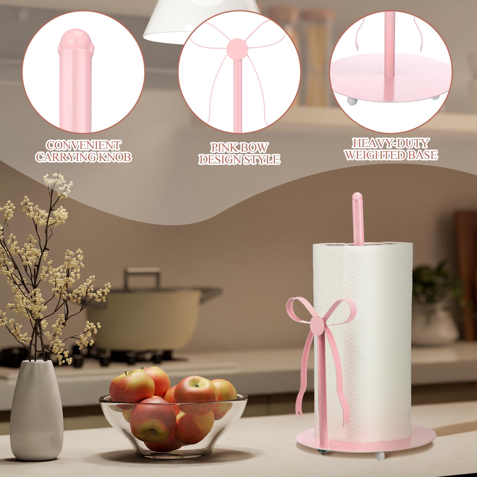 Honeydak pink bow paper towel holder on kitchen counter saves space and keeps towels accessible.