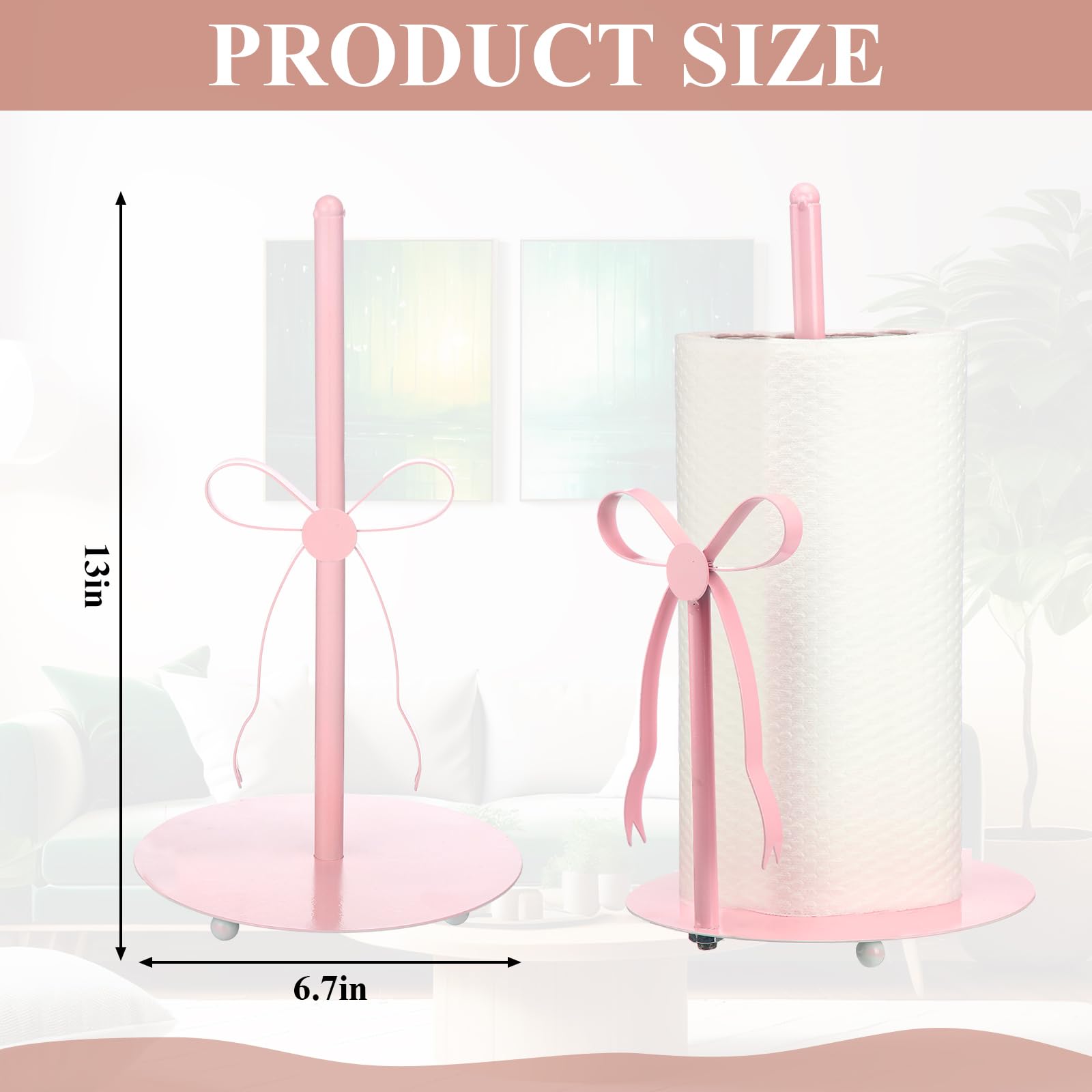 Honeydak pink bow paper towel holder side profile showing spring-loaded tension for easy roll changes.