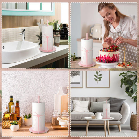 Honeydak pink bow paper towel holder demonstrates compatibility with standard and jumbo rolls.