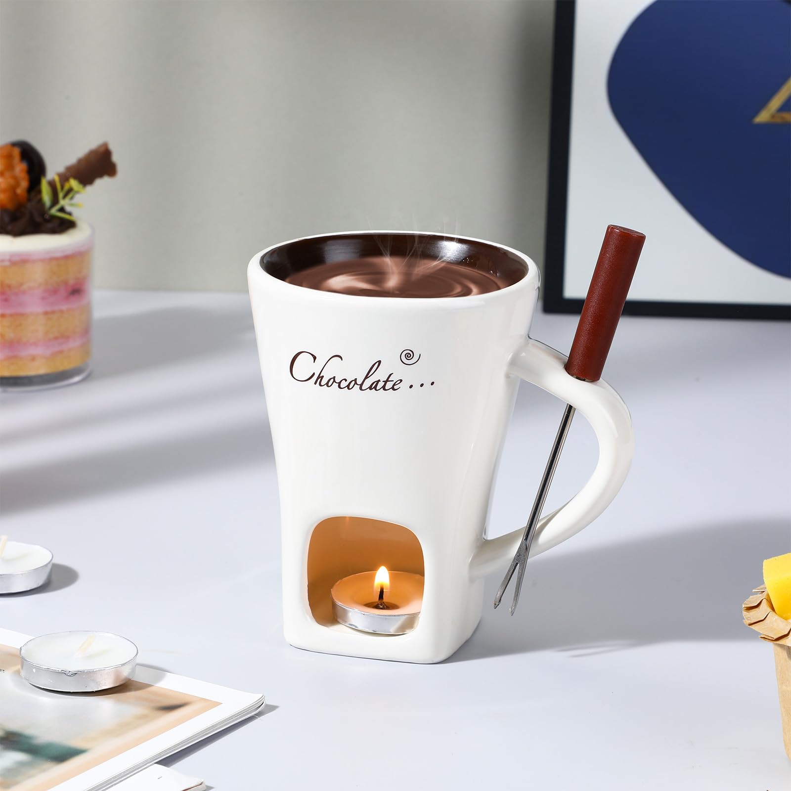 Honeydak built in tea light candles accompany the fondue set for cozy celebrations.