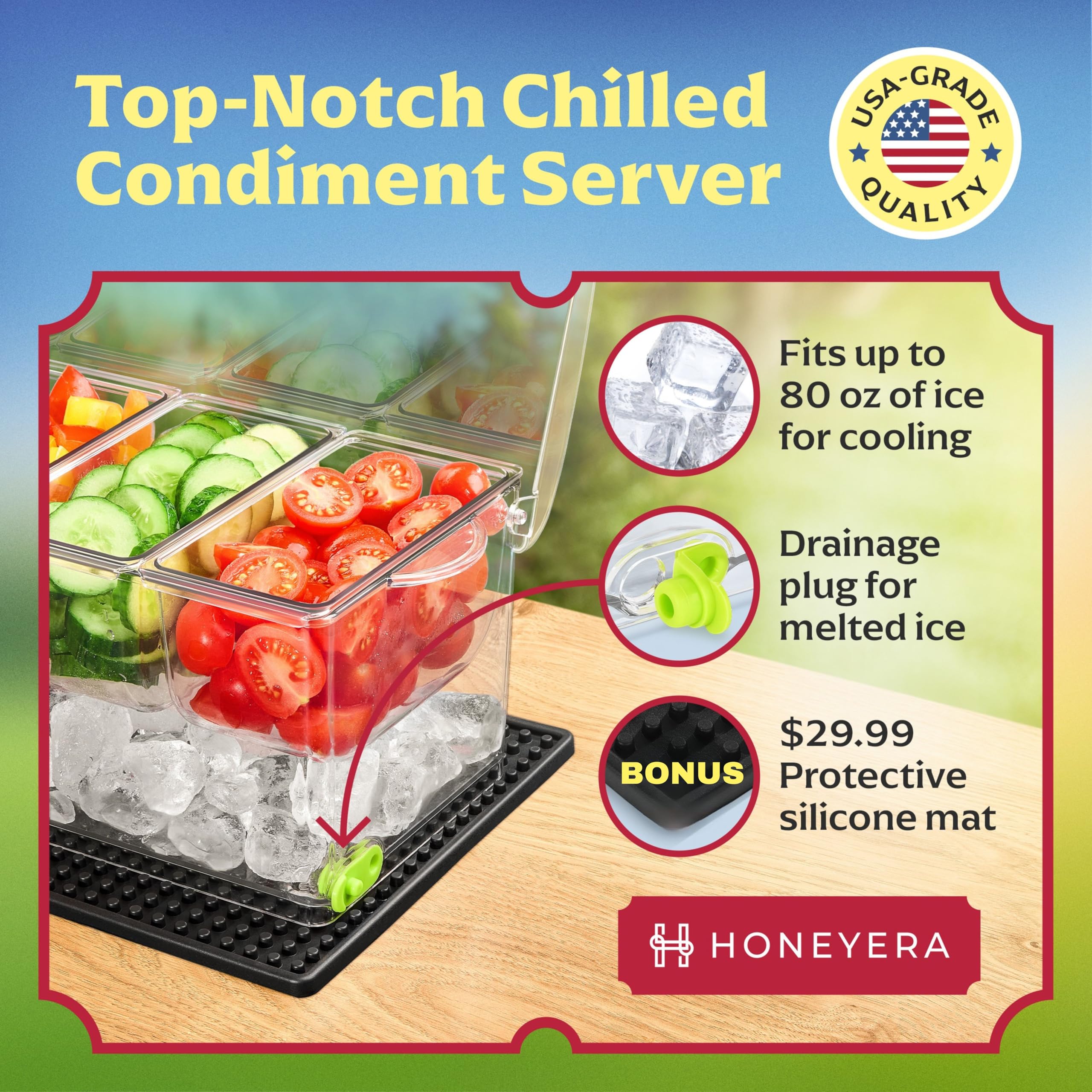 Honeyera bar garnish tray with BPA-free anti-spill mat protects surfaces