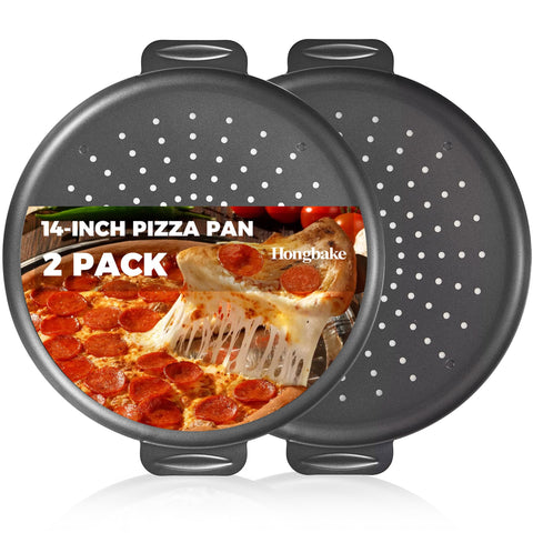 HONGBAKE 14-inch hole-punched pizza pan two-pack for crispy crust and easy release