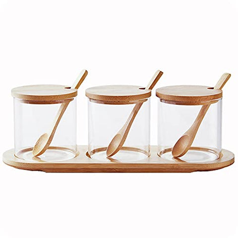 HONGCHU condiment pots 3-pack with bamboo spoons, front view, 12oz capacity.