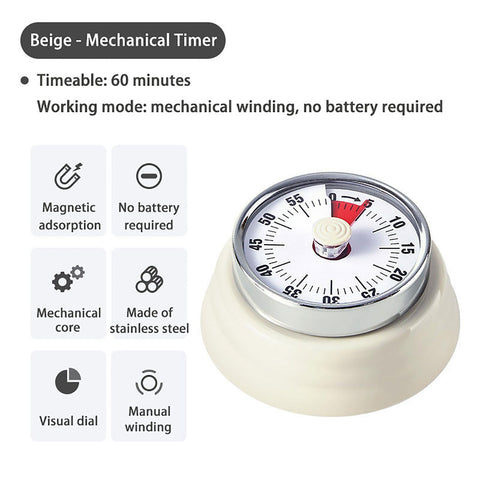 Hongjie vintage timer magnetic back shown on a fridge for hands-free placement.