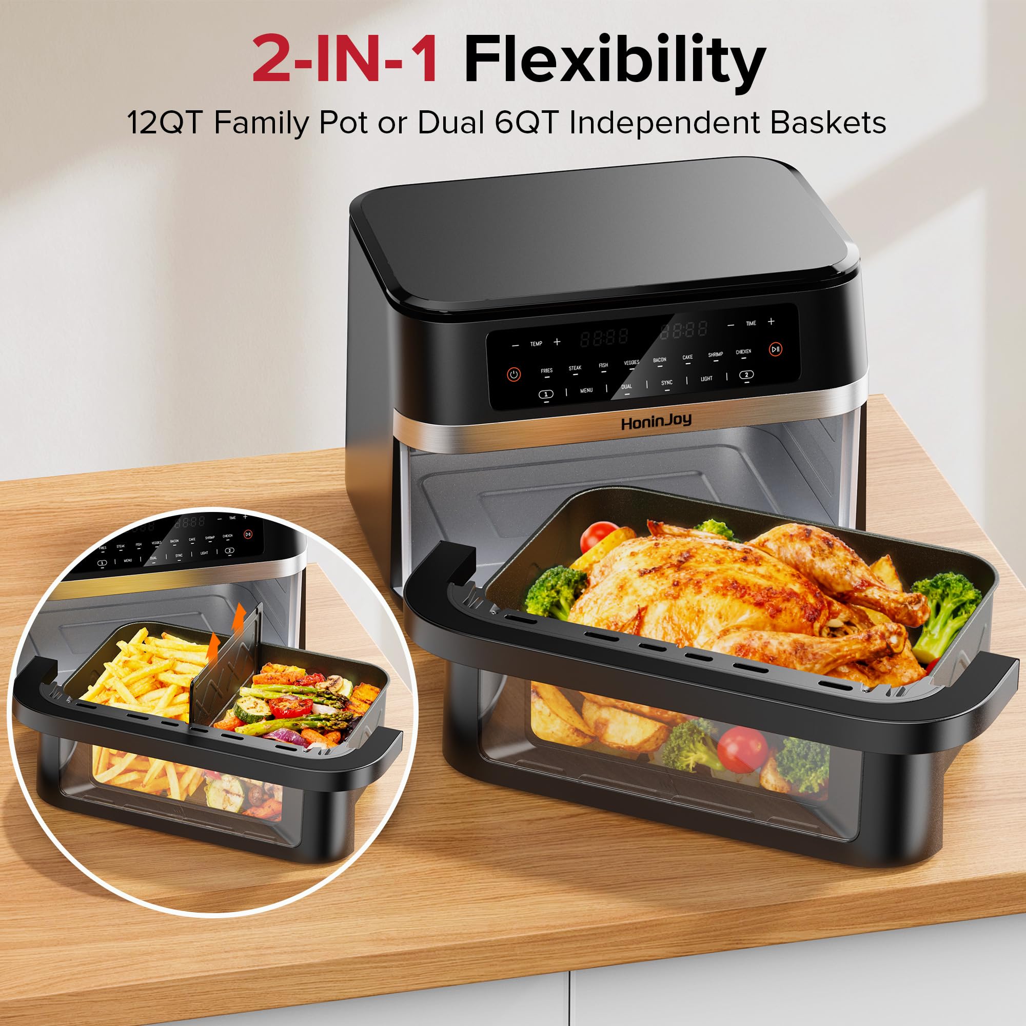 HoninJoy crisp-view window with interior light helps monitor browning without opening.