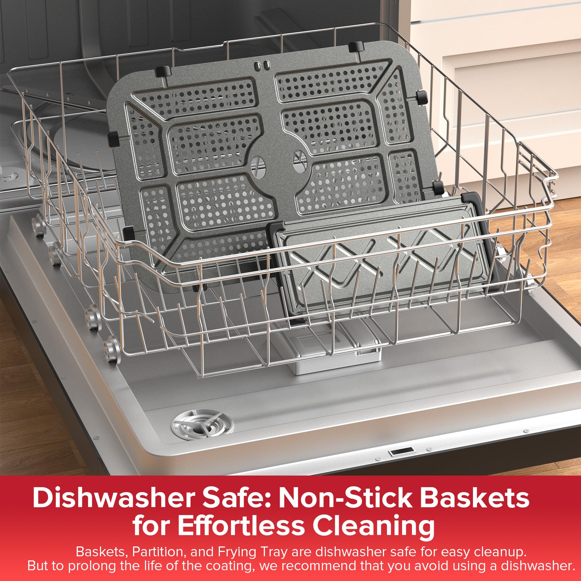 HoninJoy dishwasher-safe removable baskets simplify cleanup after cooking.