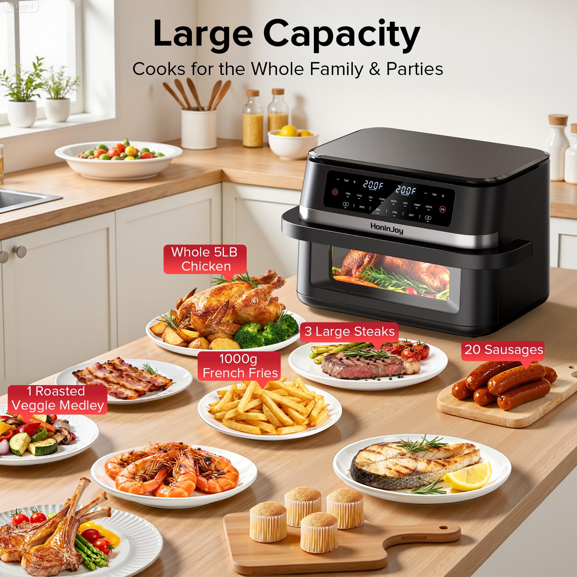 HoninJoy full basket capacity serves 6–8 people in a single appliance.
