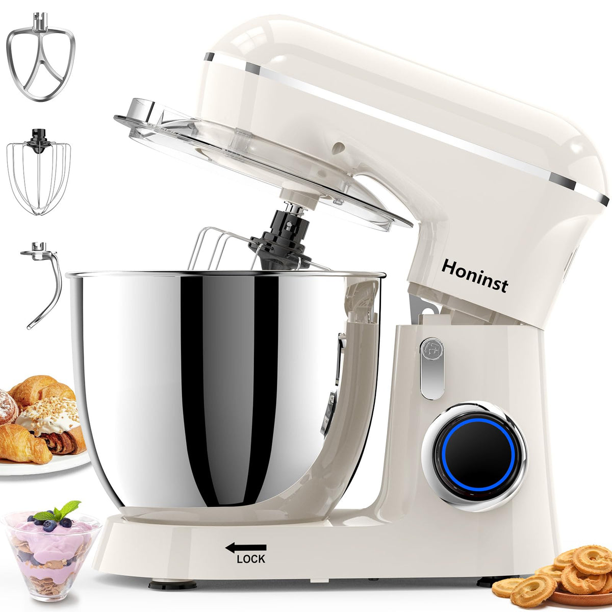 Honinst stand mixer front view with 6.5qt bowl, ideal for large dough batches.