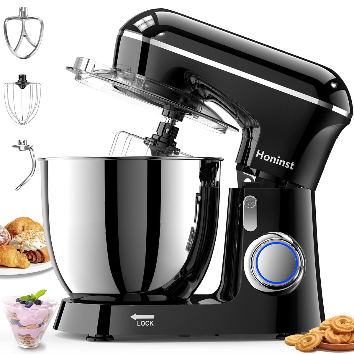 Honinst stand mixer front view showing sturdy build for reliable mixing.