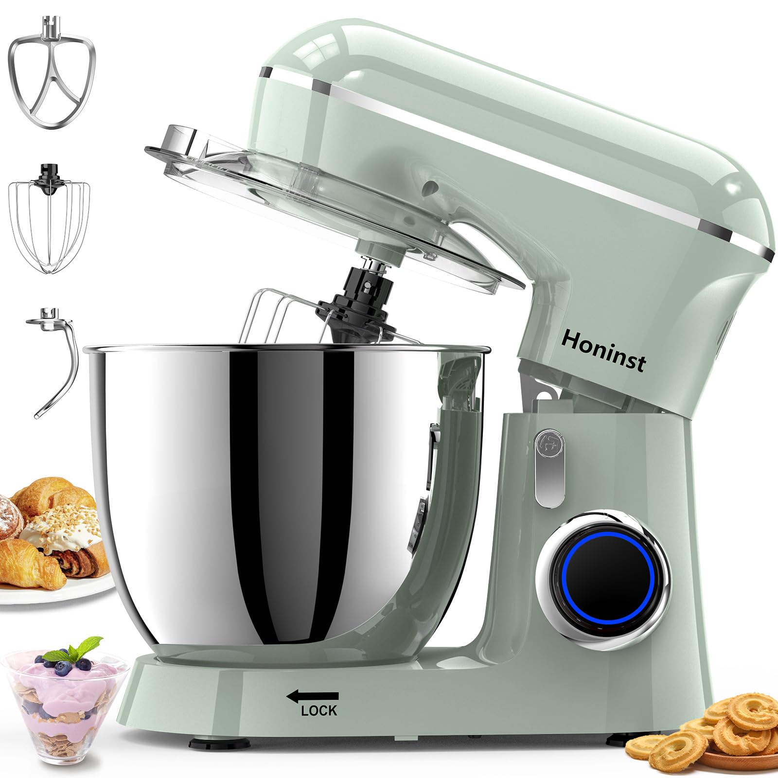 Honinst stand mixer tilt-head design enables easy ingredient addition during baking.