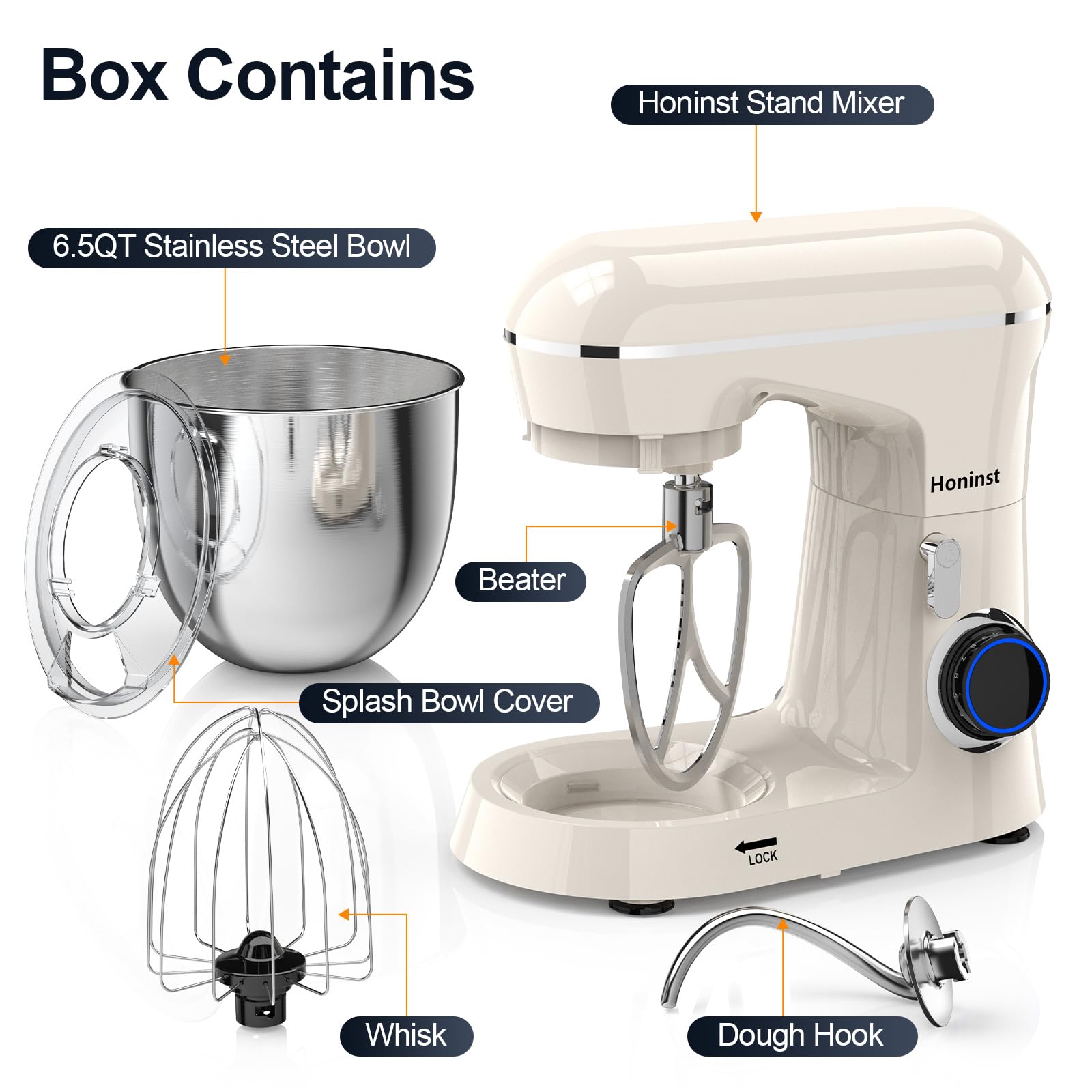 Honinst tilt-head design shown, enabling easy ingredient addition during mixing.
