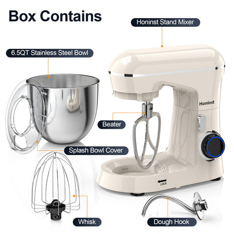 Honinst tilt-head design shown, enabling easy ingredient addition during mixing.