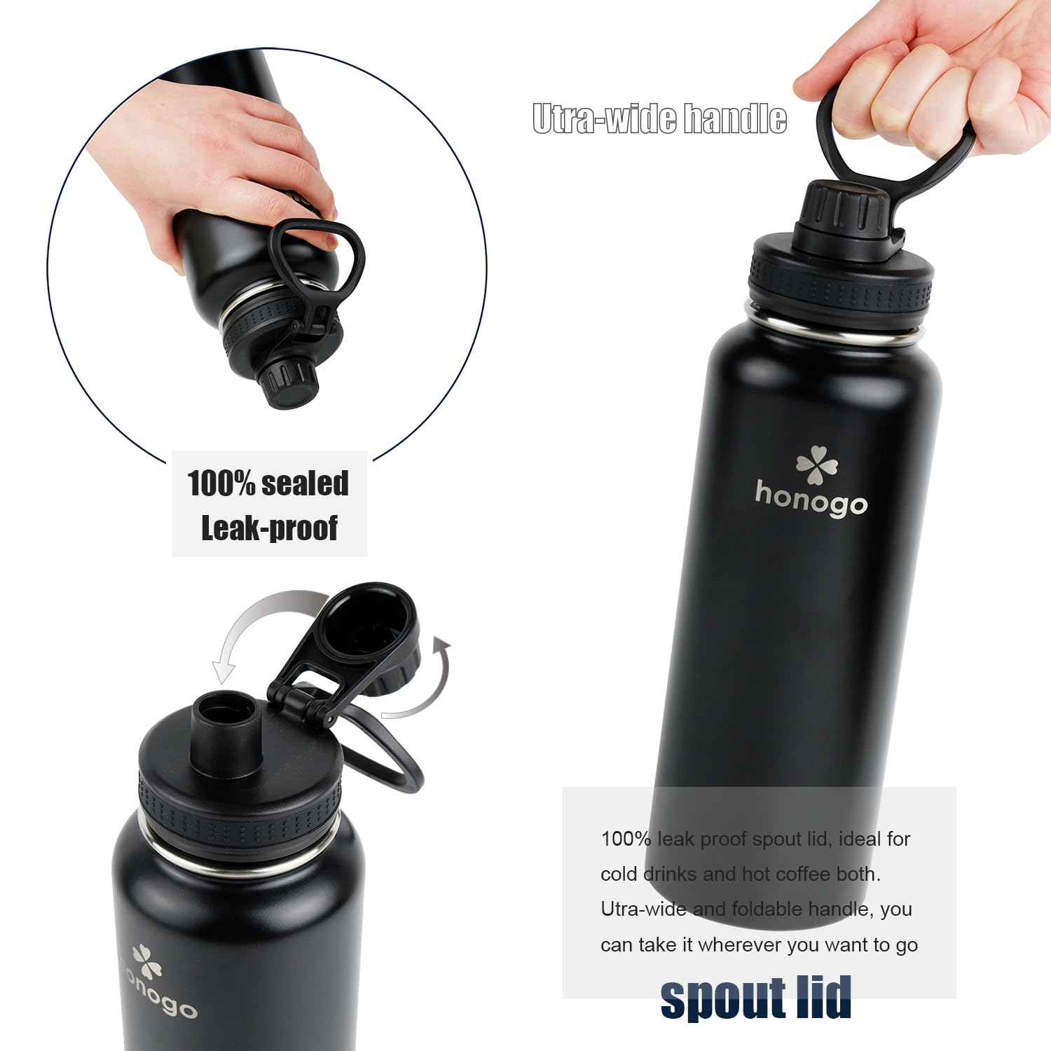 Honogo 40 oz bottle highlighting 18/8 stainless steel and food-safe, non-toxic materials.