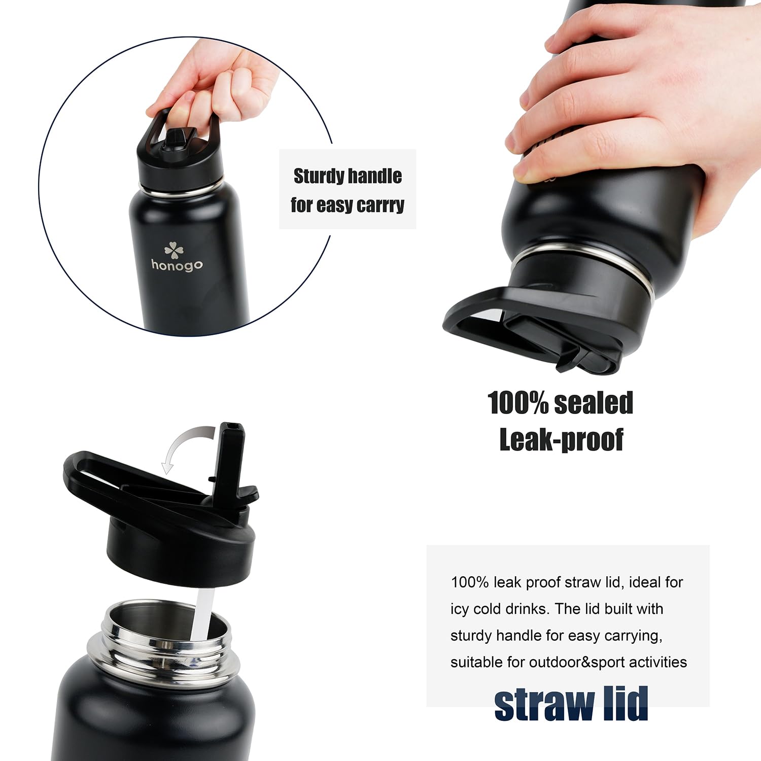 Honogo 40 oz bottle showing leak-proof cap in travel and outdoor use.