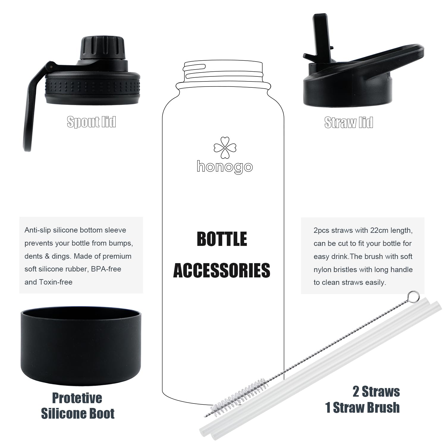 Honogo 40 oz bottle with wide mouth for easy filling and cleaning.