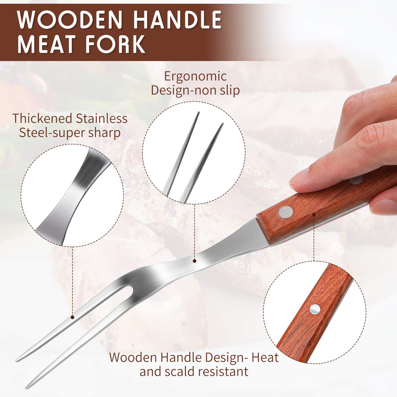 Honoson stainless steel head closeup, durable carving fork for grilling and roasting.