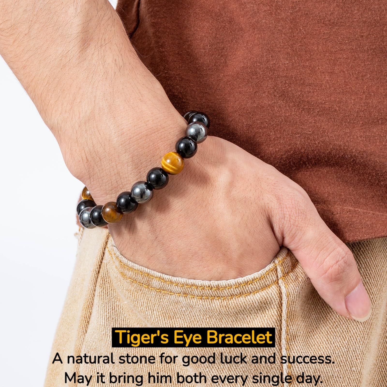Honxicur men's bracelet with natural stone beads adds lightweight style.