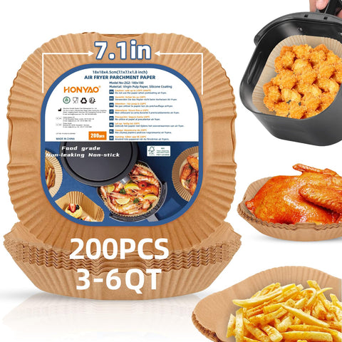 HONYAO 7.1x7.1 square liner shown in a fryer basket for 3-6 qt models, clean setup.