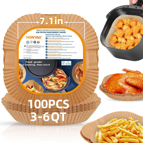 HONYAO air fryer liners with 7.1x7.1 bottom fit 3-6 qt baskets for clean results.