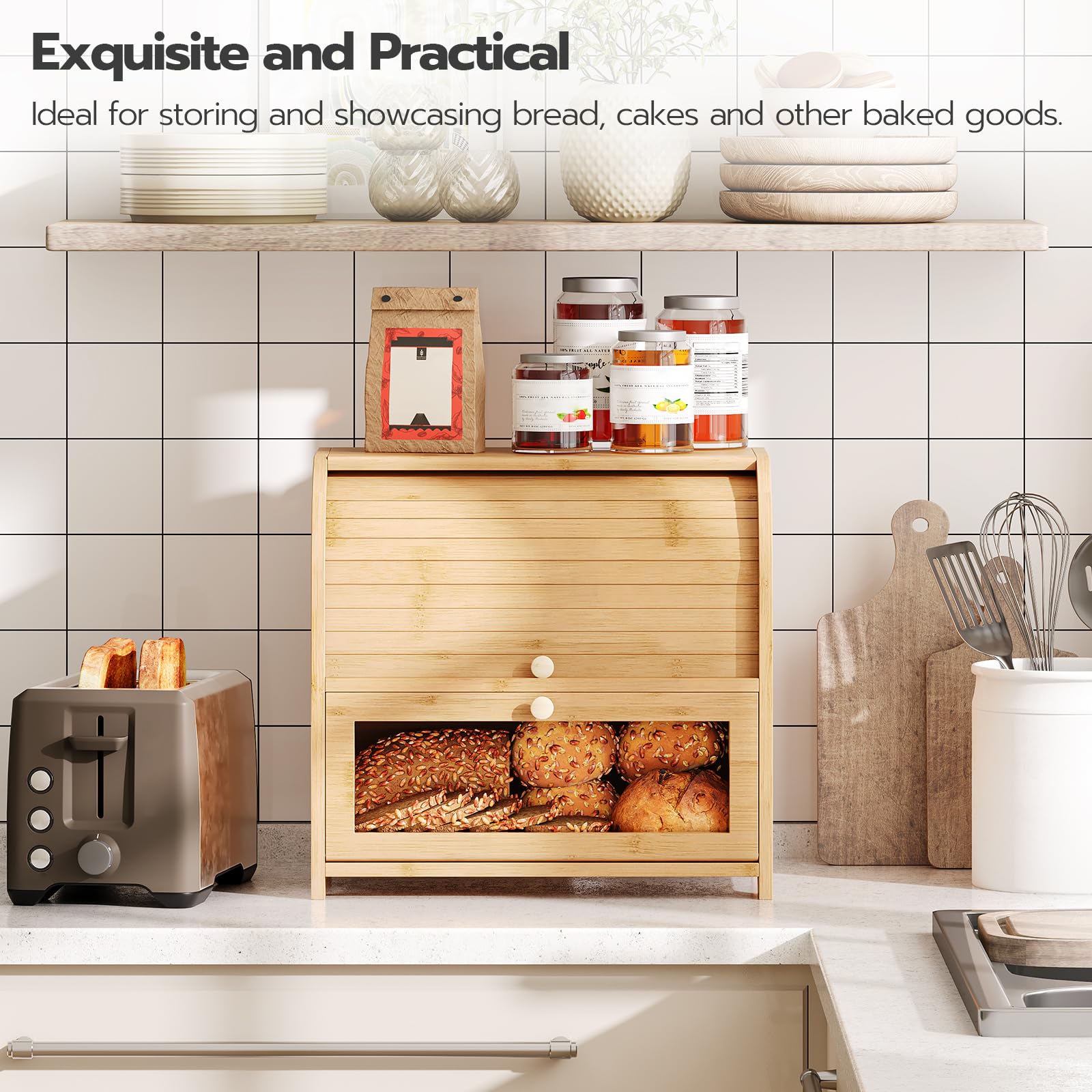 HOOBRO bamboo bread box material closeup shows natural grain and durability.