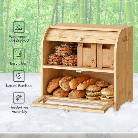 HOOBRO bread box two-tier inside demonstrates organized shelving for items.