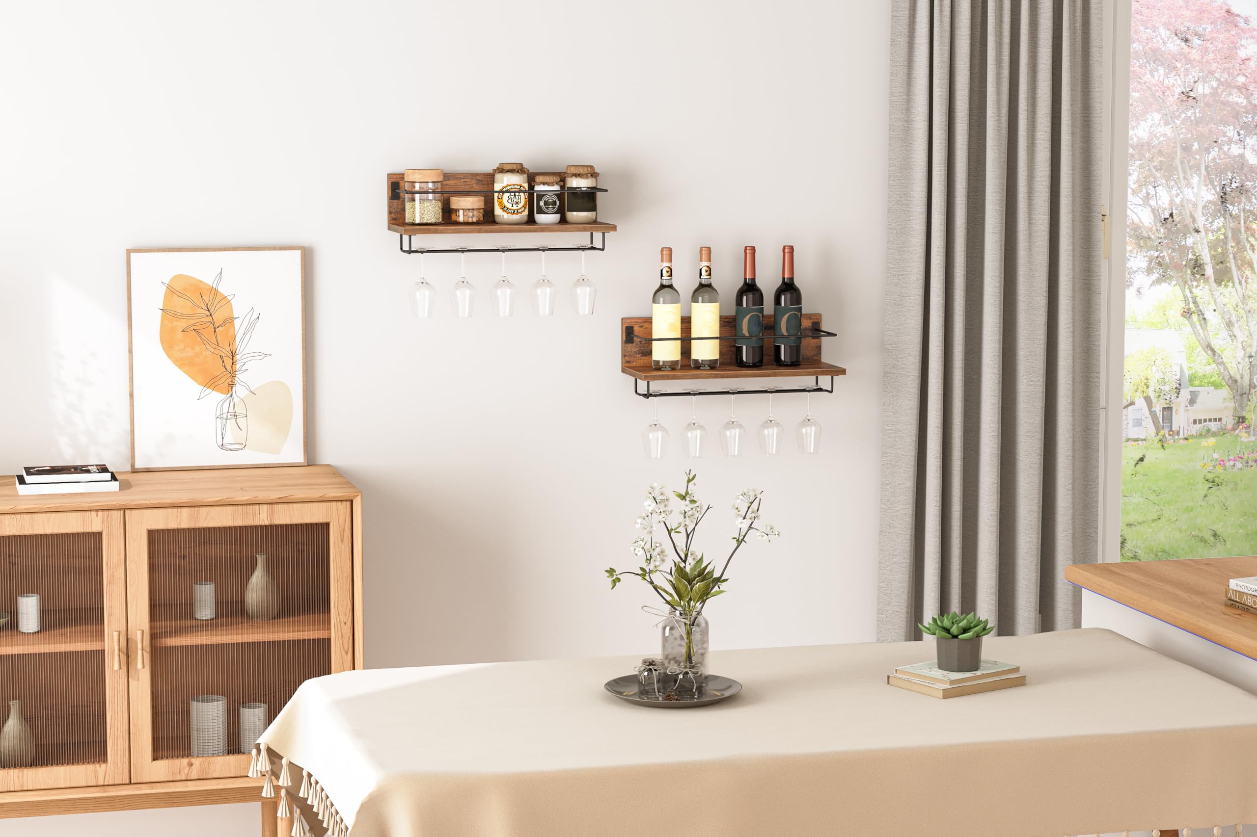 HOOBRO floating wine shelves showcase glassware while saving counter space