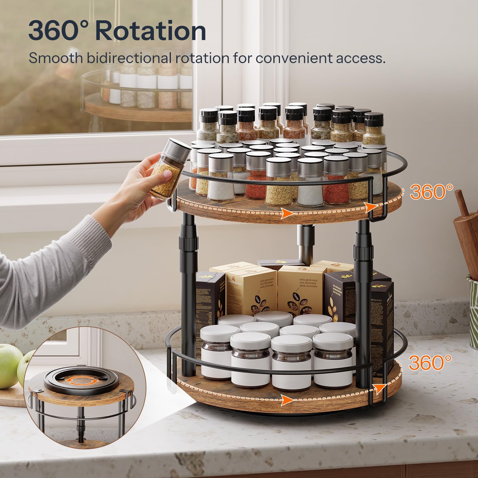 HOOBRO spice rack 360° rotation base for effortless seasoning from any cabinet