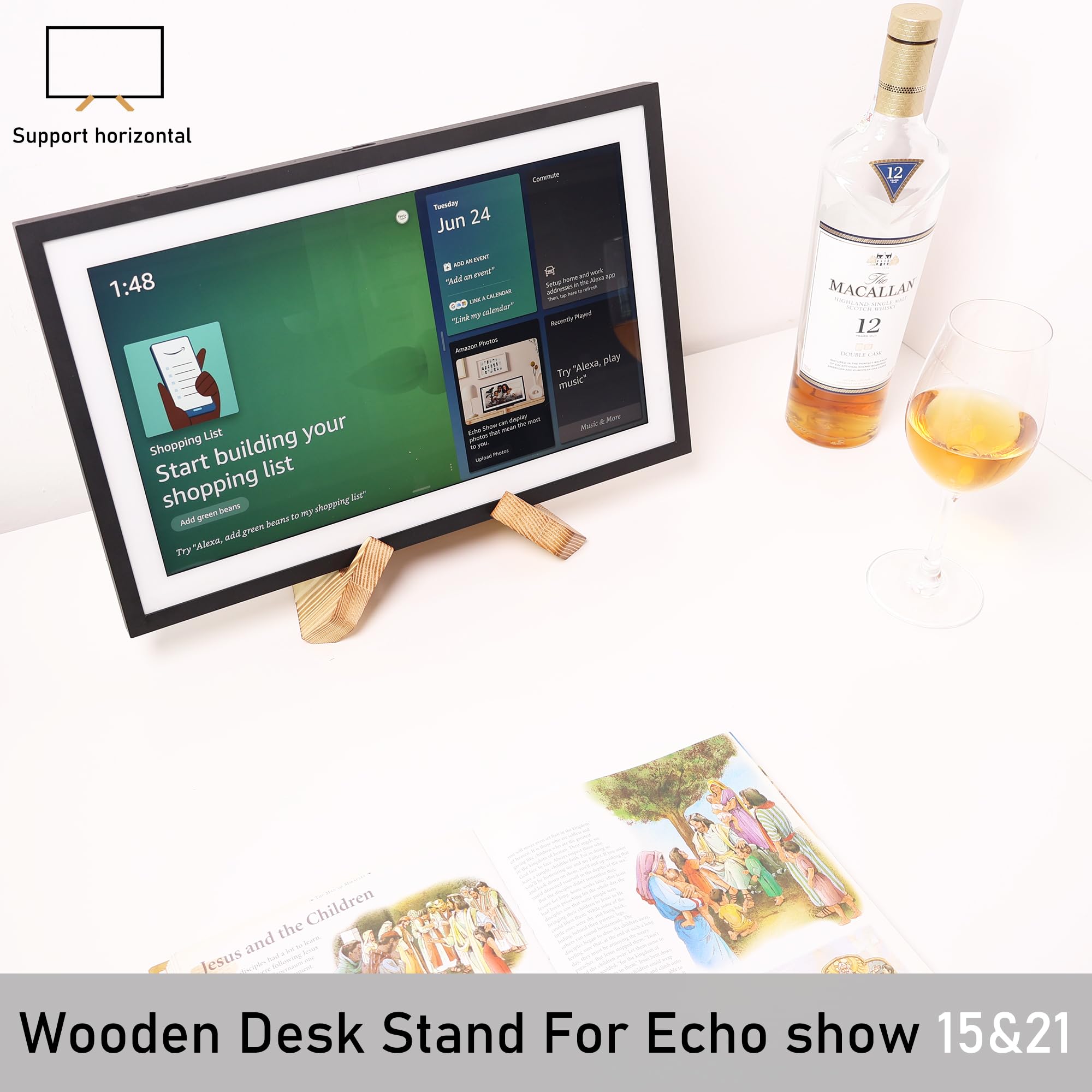 HOOKMEMO solid wood tablet stand supports Echo Show 21 with vertical orientation